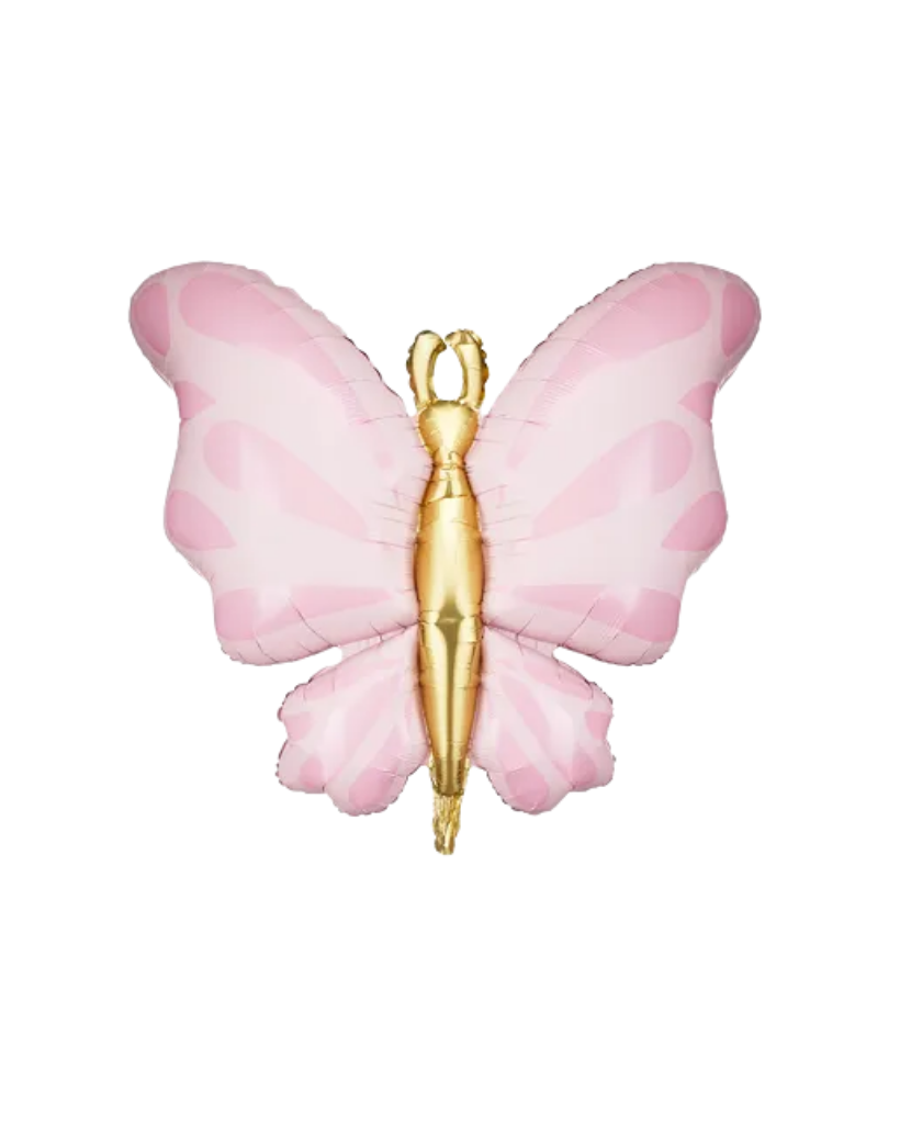 Pink butterfly-shaped object with a gold center on a white background
