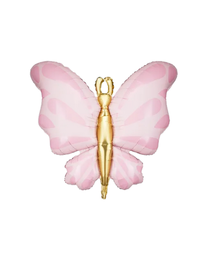 Pink butterfly-shaped object with a gold center on a white background