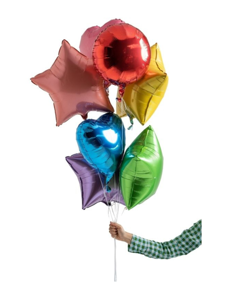 Colorful heart, star, and round balloons held by a person with a checkered sleeve on a white background
