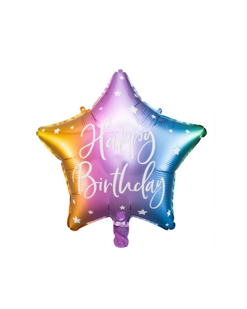 Happy birthday star balloon in rainbow with white text