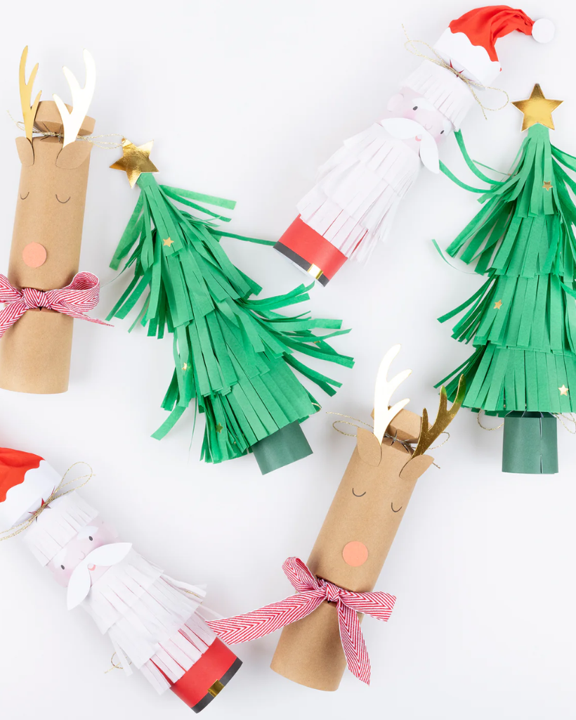 Christmas-themed paper roll crafts including trees, reindeer, and Santa Claus on a white background.