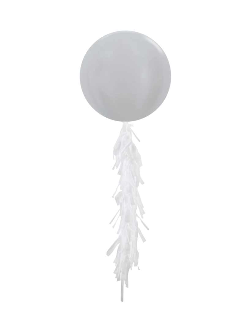 Satin Silver Jumbo Balloon and Fringe Filled with Helium
