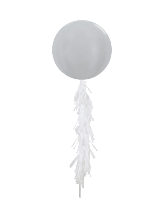 Satin Silver Jumbo Balloon and Fringe Filled with Helium