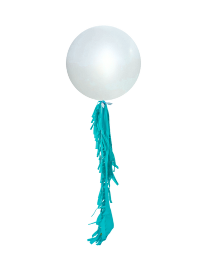 Satin White Jumbo Balloon and Fringe Filled with Helium