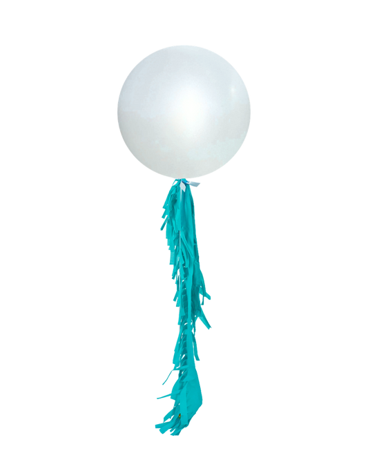 Satin White Jumbo Balloon and Fringe Filled with Helium