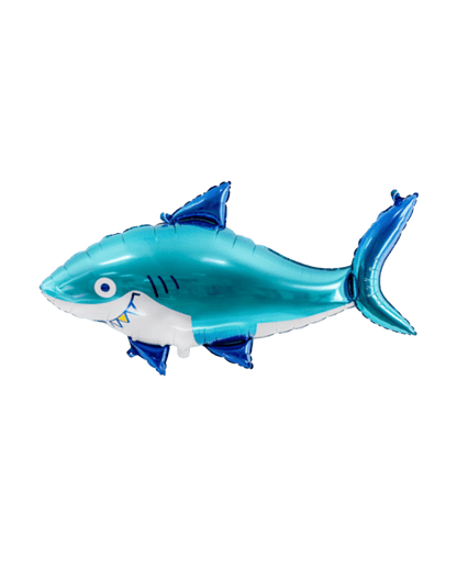 A blue foil balloon in the shape of a shark with a white toothy grin design.