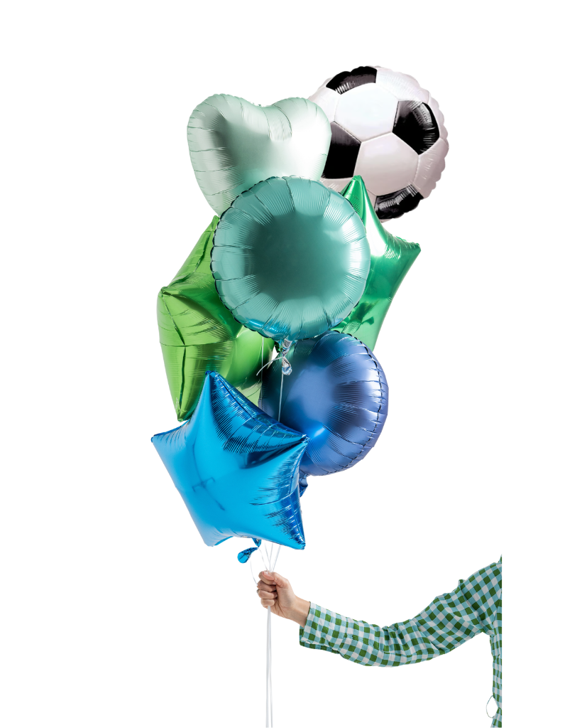 Set of colorful star-shaped balloons held by a person with a checkered sleeve on a white background