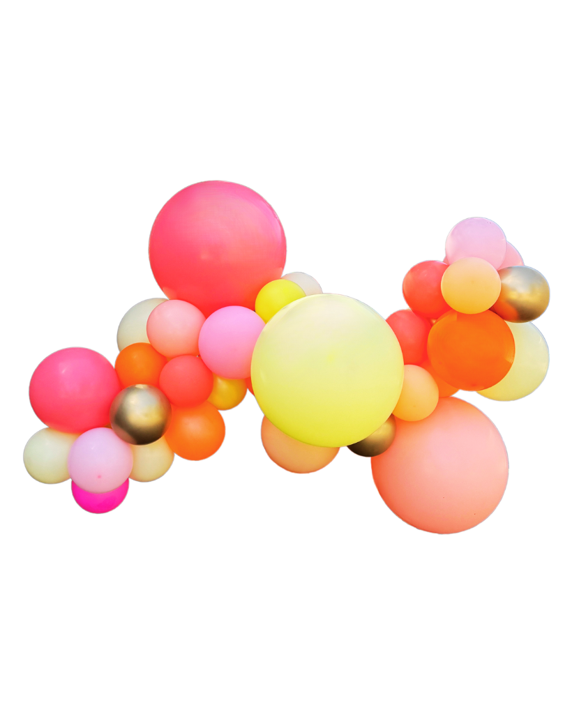 A colorful balloon garland featuring a variety of round balloons in pink, orange, yellow, and other colors.