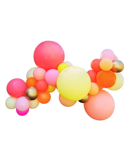 A colorful balloon garland featuring a variety of round balloons in pink, orange, yellow, and other colors.