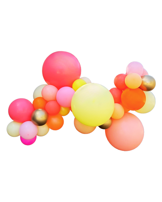 A colorful balloon garland featuring a variety of round balloons in pink, orange, yellow, and other colors.