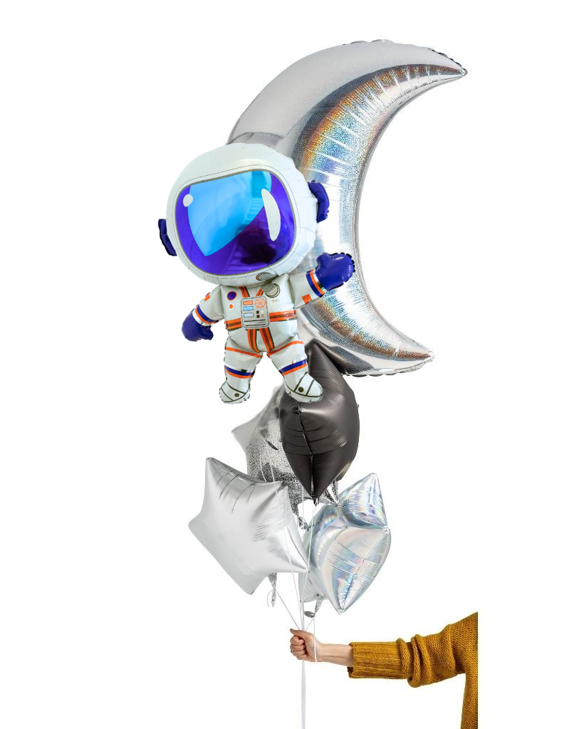 Balloon bouquet with an astronaut and a moon and stars on a white background