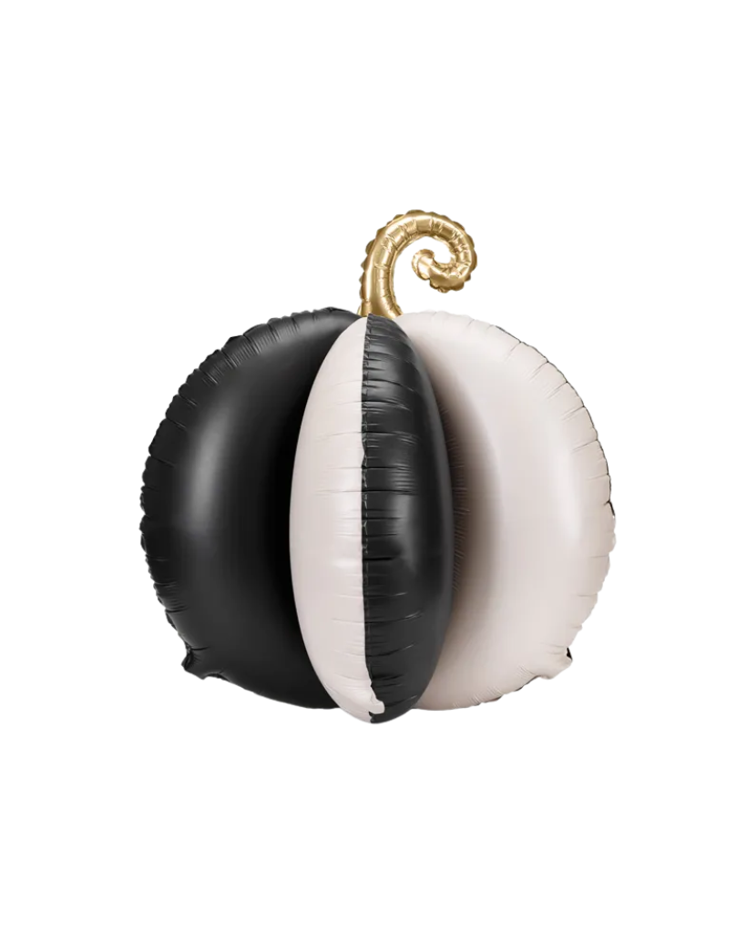 3D Black and white pumpkin-shaped balloon with a gold stem for Halloween