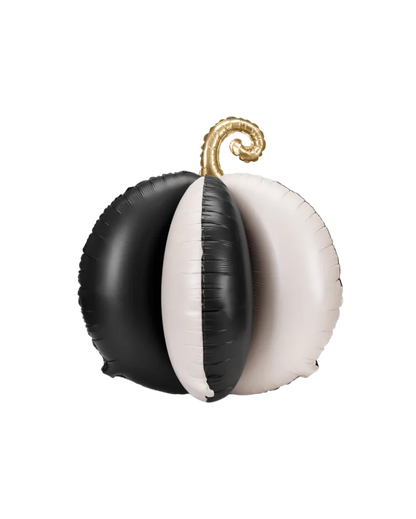 3D Black and white pumpkin-shaped balloon with a gold stem for Halloween