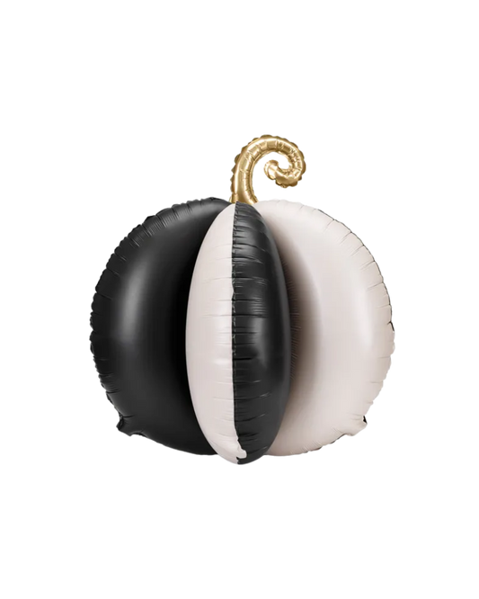 3D Black and white pumpkin-shaped balloon with a gold stem for Halloween