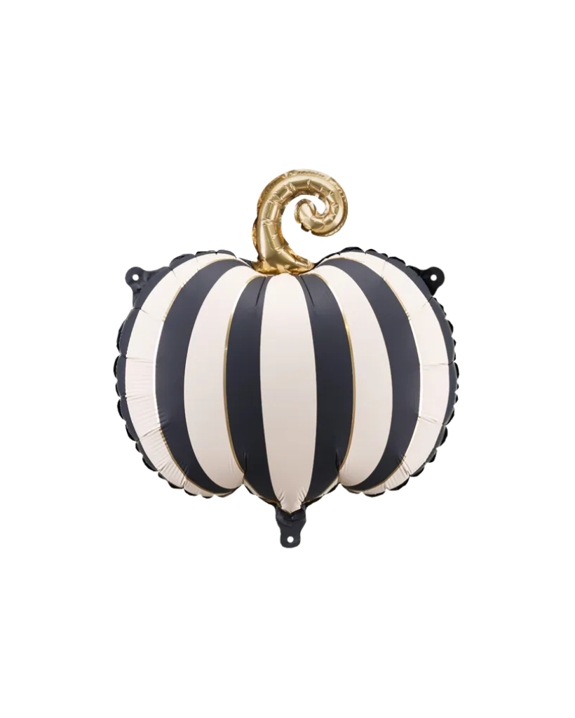 Black and white striped foil balloon shaped like a pumpkin with a gold stem for halloween