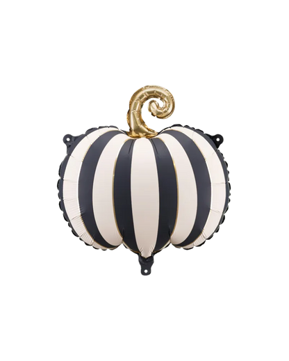 Black and white striped foil balloon shaped like a pumpkin with a gold stem for halloween