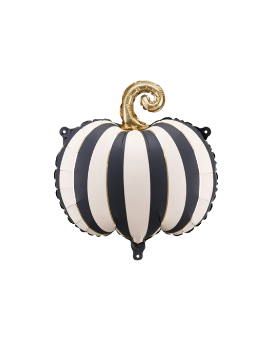 Black and white striped foil balloon shaped like a pumpkin with a gold stem for halloween
