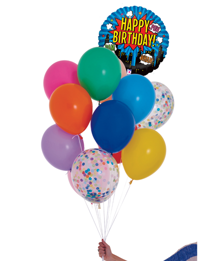 Colorful balloons with a 'Happy Birthday' helium balloon on a white background