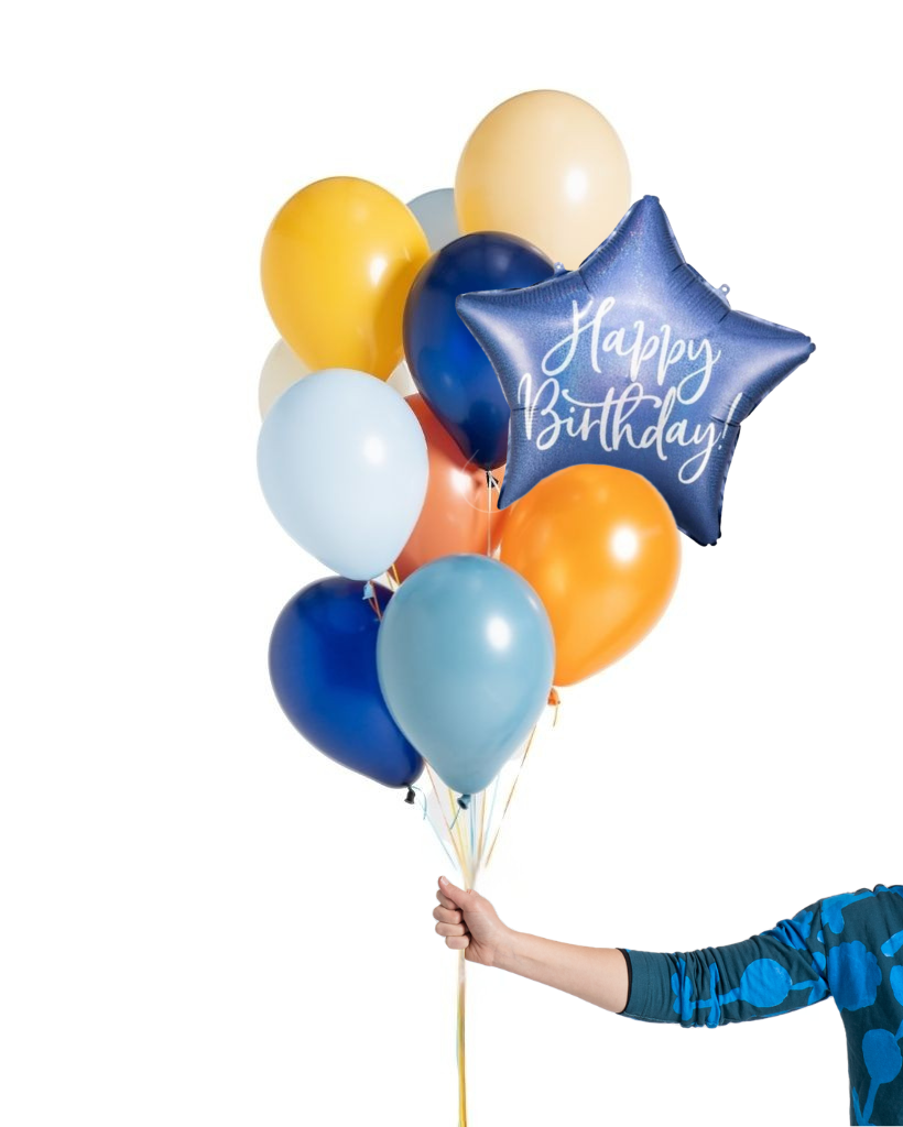 Colorful balloons with a 'Happy Birthday' star balloon held by a person against a white background