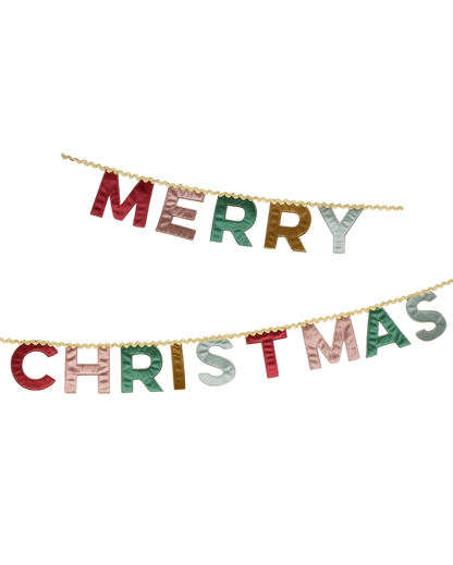 Merry Christmas banner with colorful letters on a white background