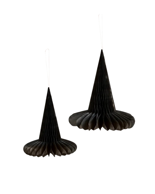 Two black paper witch hat halloween decorations