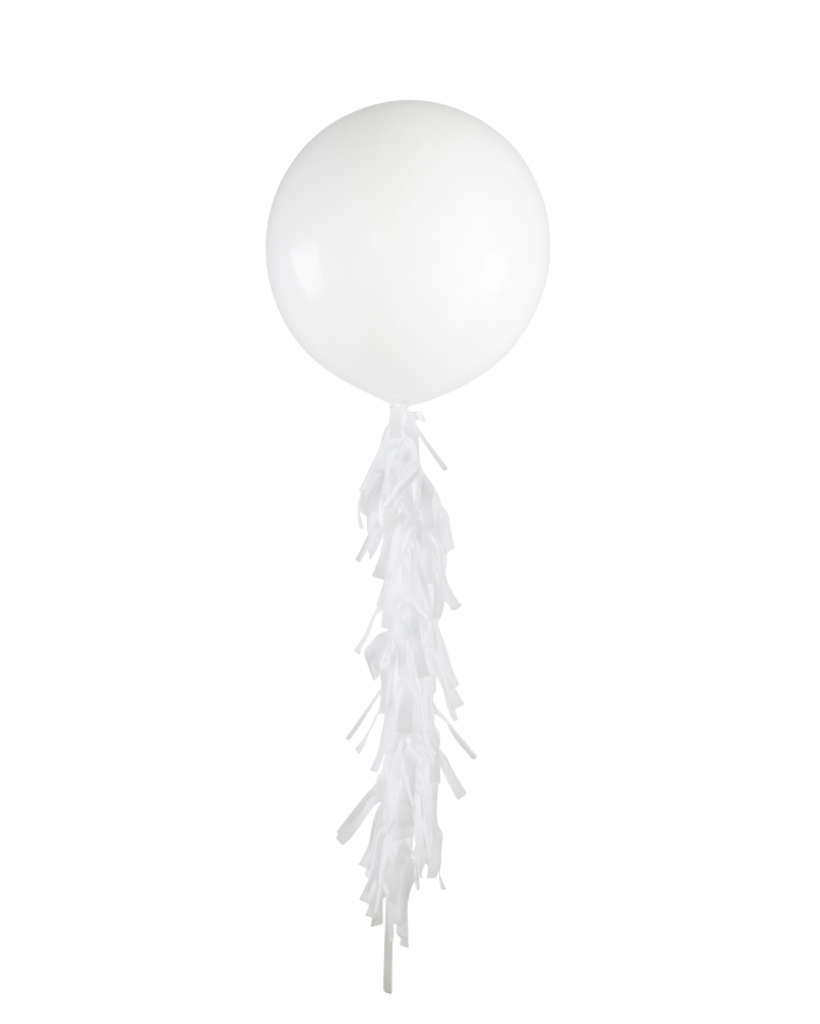 White Jumbo Balloon and Fringe Filled with Helium