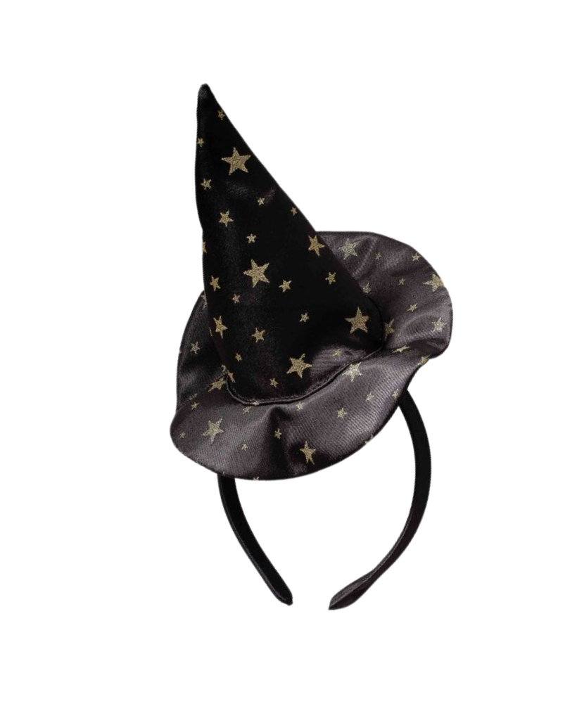 A black satin witch hat with gold star patterns and a black headband, shown against a plain white background.