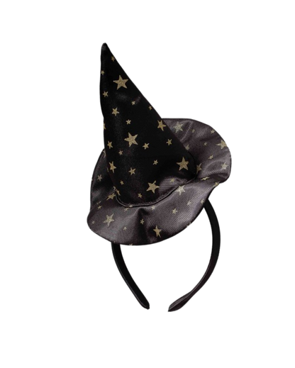 A black satin witch hat with gold star patterns and a black headband, shown against a plain white background.