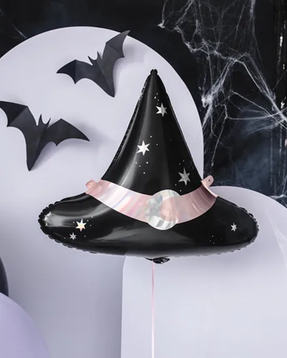 Halloween-themed balloon shaped like a witch's hat with stars on a dark background with bats and spider webs.