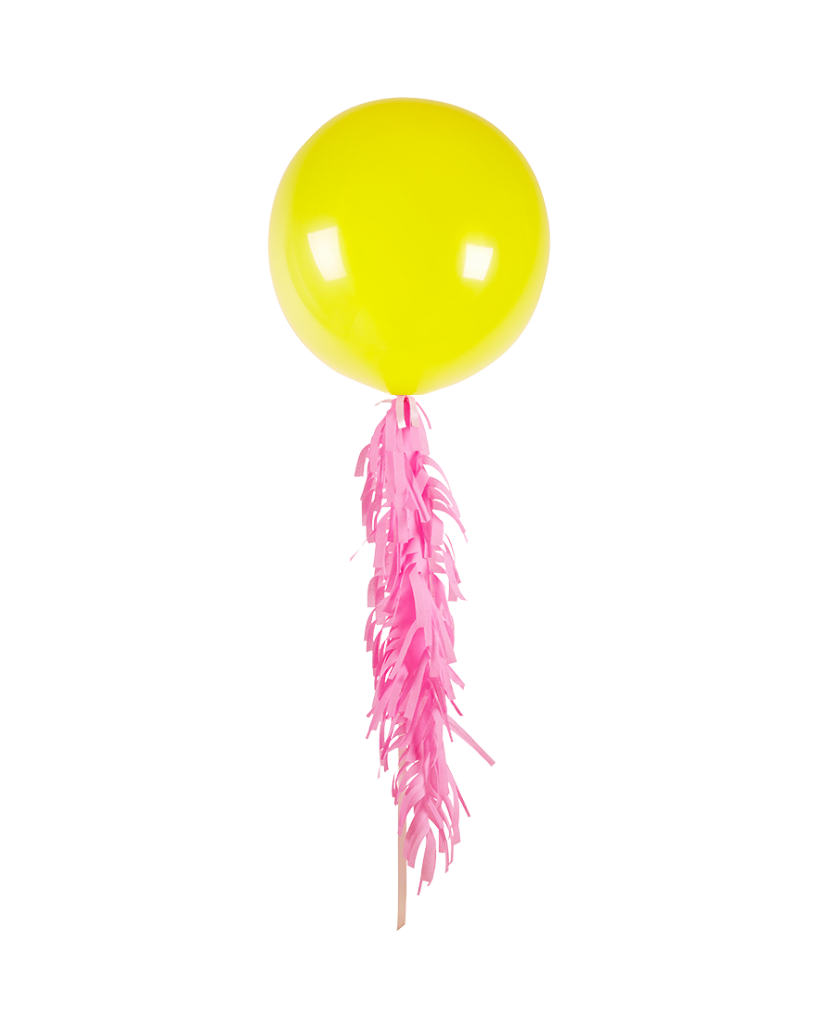 Yellow balloon with pink fringe on a white background