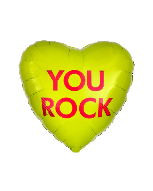 Heart-shaped balloon with 'YOU ROCK' text on a white background