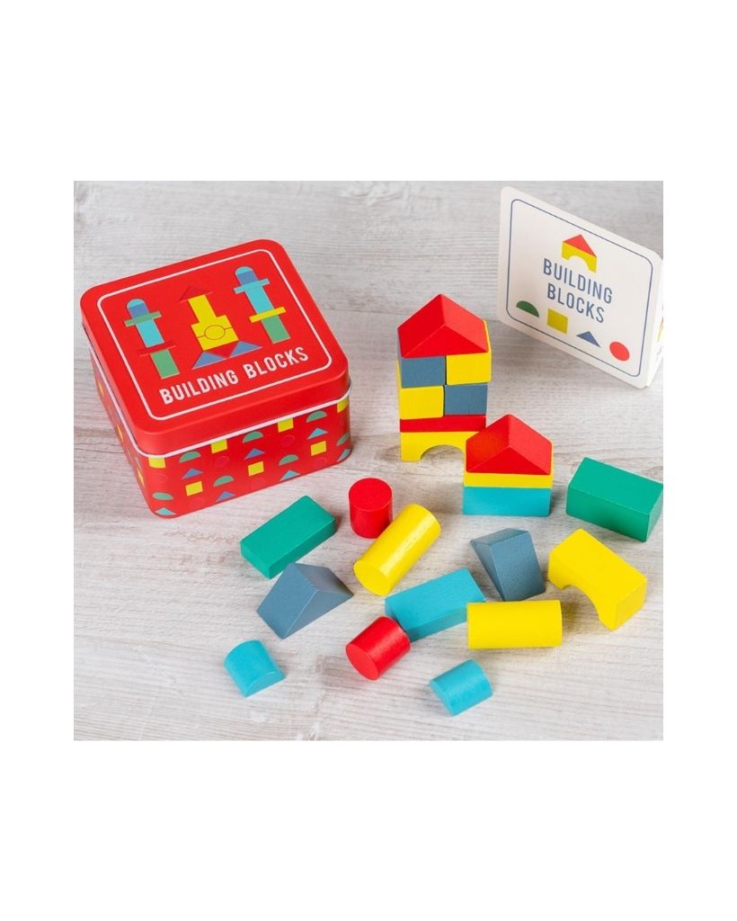 Wooden Building Blocks In A Tin