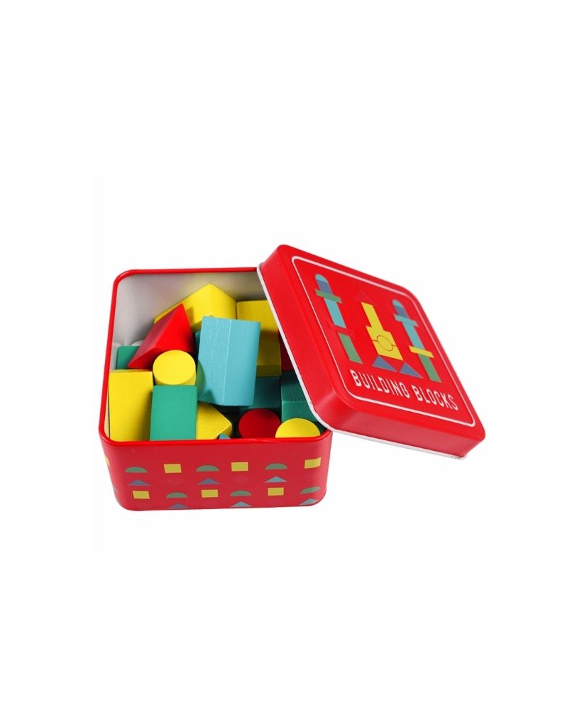 Wooden Building Blocks In A Tin