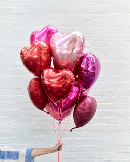 love heart foil balloon bunch in reds and pinks