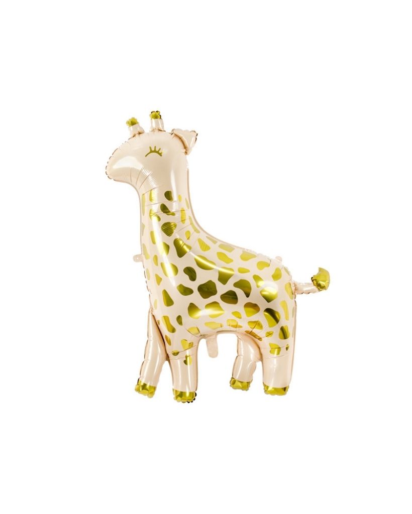 A gold-colored foil balloon in the shape of a giraffe with spotted patterns.