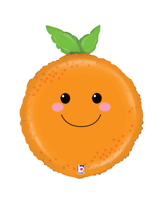 Balloon shaped like a cute orange with a smiley face on a white background
