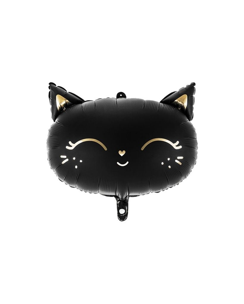 A black foil balloon with a gold cat face design, resembling a cartoon or anime style character, typically used for Halloween or themed parties.