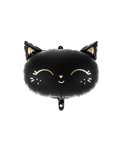 A black foil balloon with a gold cat face design, resembling a cartoon or anime style character, typically used for Halloween or themed parties.
