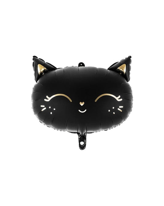 A black foil balloon with a gold cat face design, resembling a cartoon or anime style character, typically used for Halloween or themed parties.