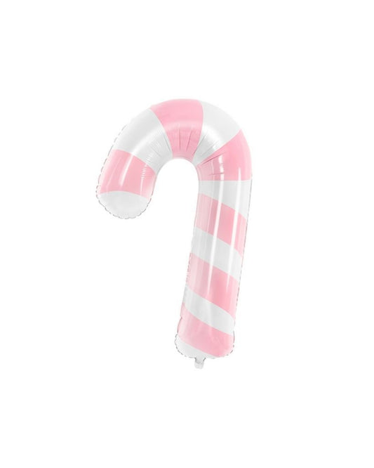 A large pink candy cane-shaped balloon filled with helium, with a white striped pattern and a pink twist at the top.