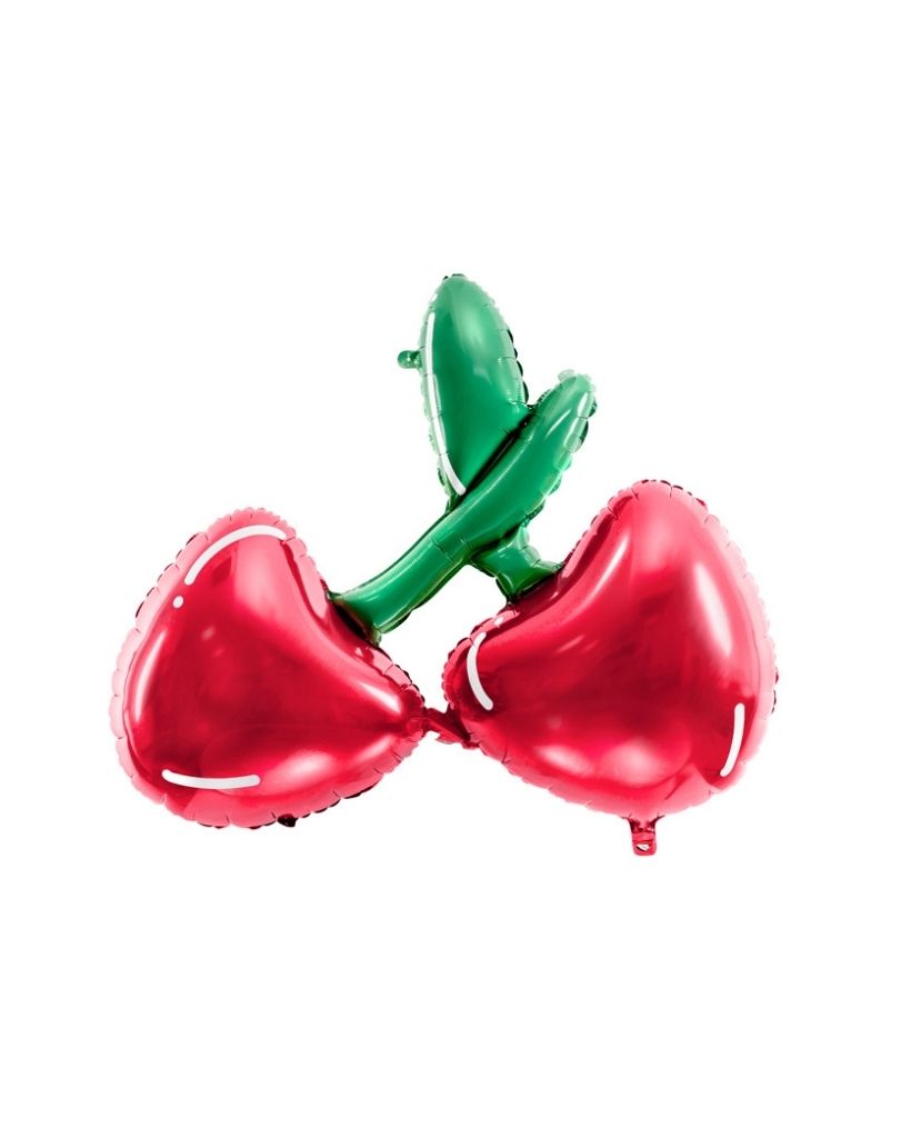A helium-filled balloon shaped like two red cherries with a green stem, tied together.