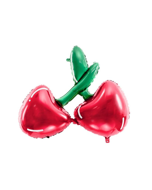 A helium-filled balloon shaped like two red cherries with a green stem, tied together.