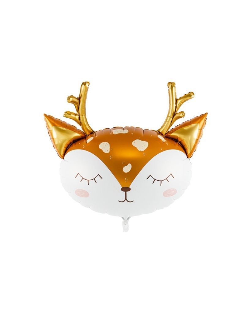 A round balloon with a deer face design, featuring a white body with brown spots, gold antlers, and a balloon weight attached to the bottom.