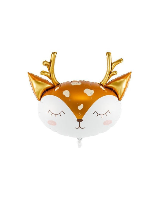 A round balloon with a deer face design, featuring a white body with brown spots, gold antlers, and a balloon weight attached to the bottom.