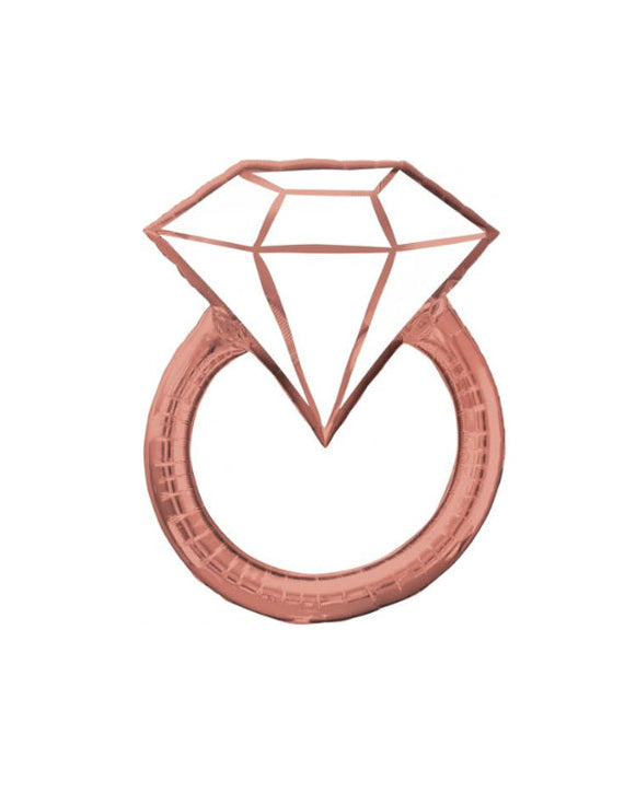 A balloon designed to look like an engagement ring, with a diamond shape on top, intended to be filled with helium.