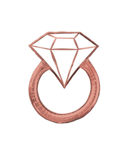 A balloon designed to look like an engagement ring, with a diamond shape on top, intended to be filled with helium.