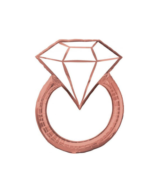 A balloon designed to look like an engagement ring, with a diamond shape on top, intended to be filled with helium.