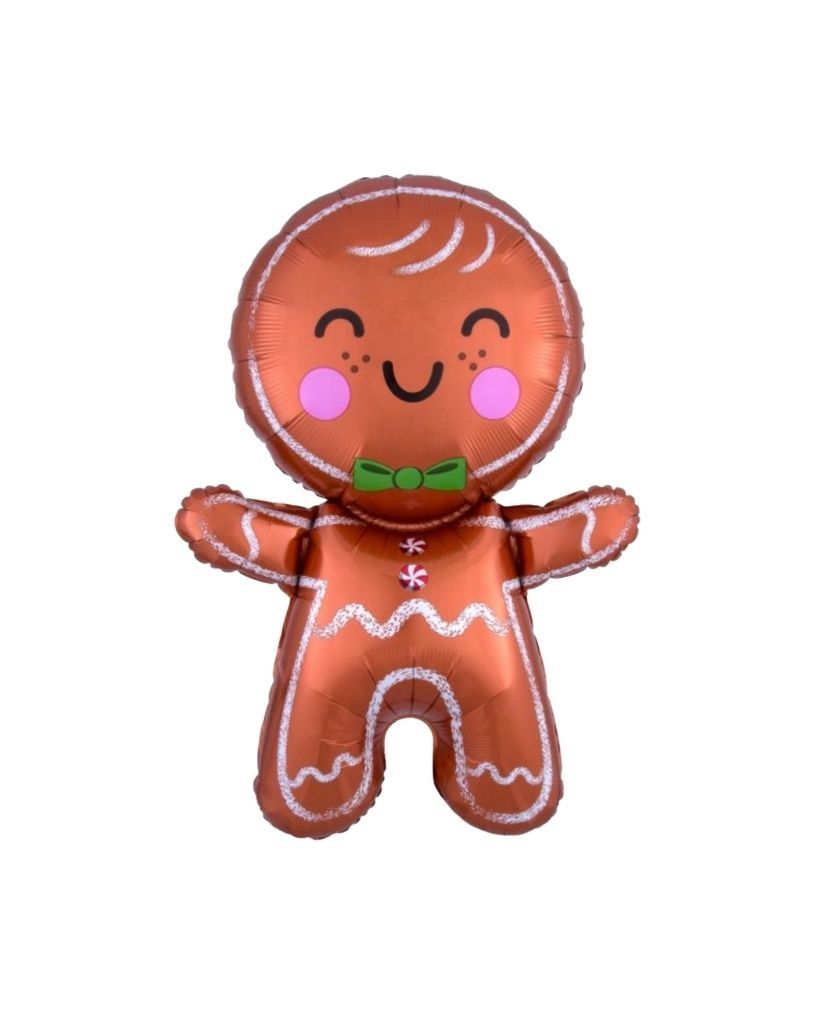 A helium-filled balloon shaped like a gingerbread man with a brown body, white icing details, and a green bow tie.