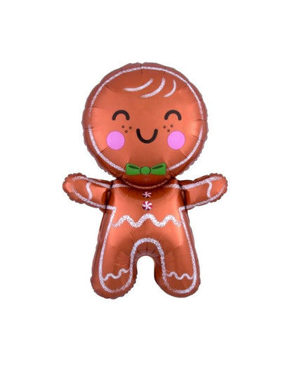A helium-filled balloon shaped like a gingerbread man with a brown body, white icing details, and a green bow tie.