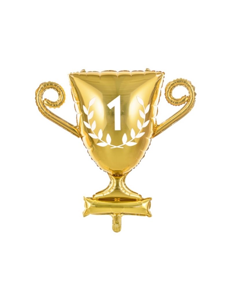A gold trophy-shaped foil balloon with the number 1 on it, suitable for award ceremonies or celebrations.